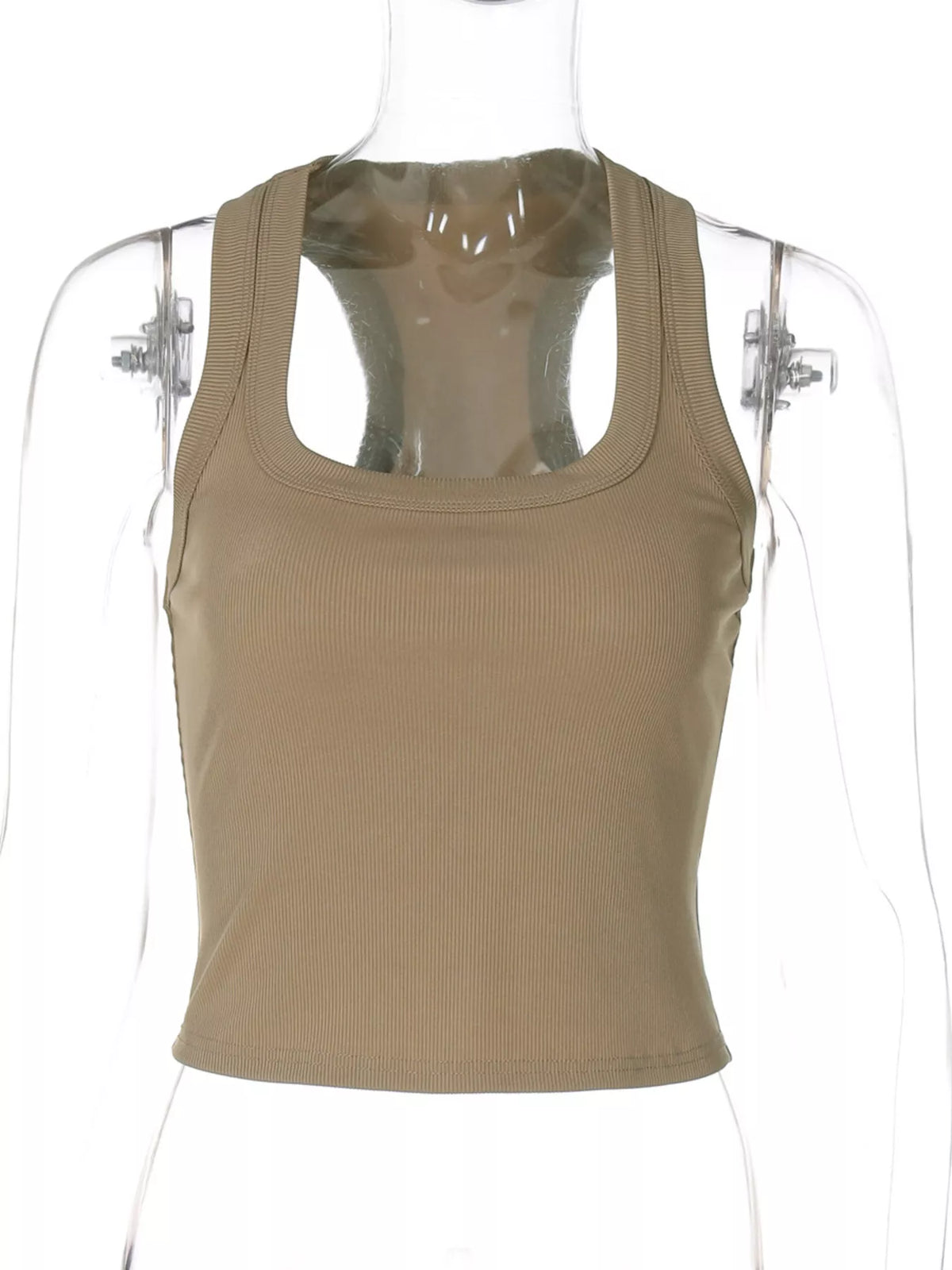 Ribbed Square Neck Tank Top - Khaki - View 13