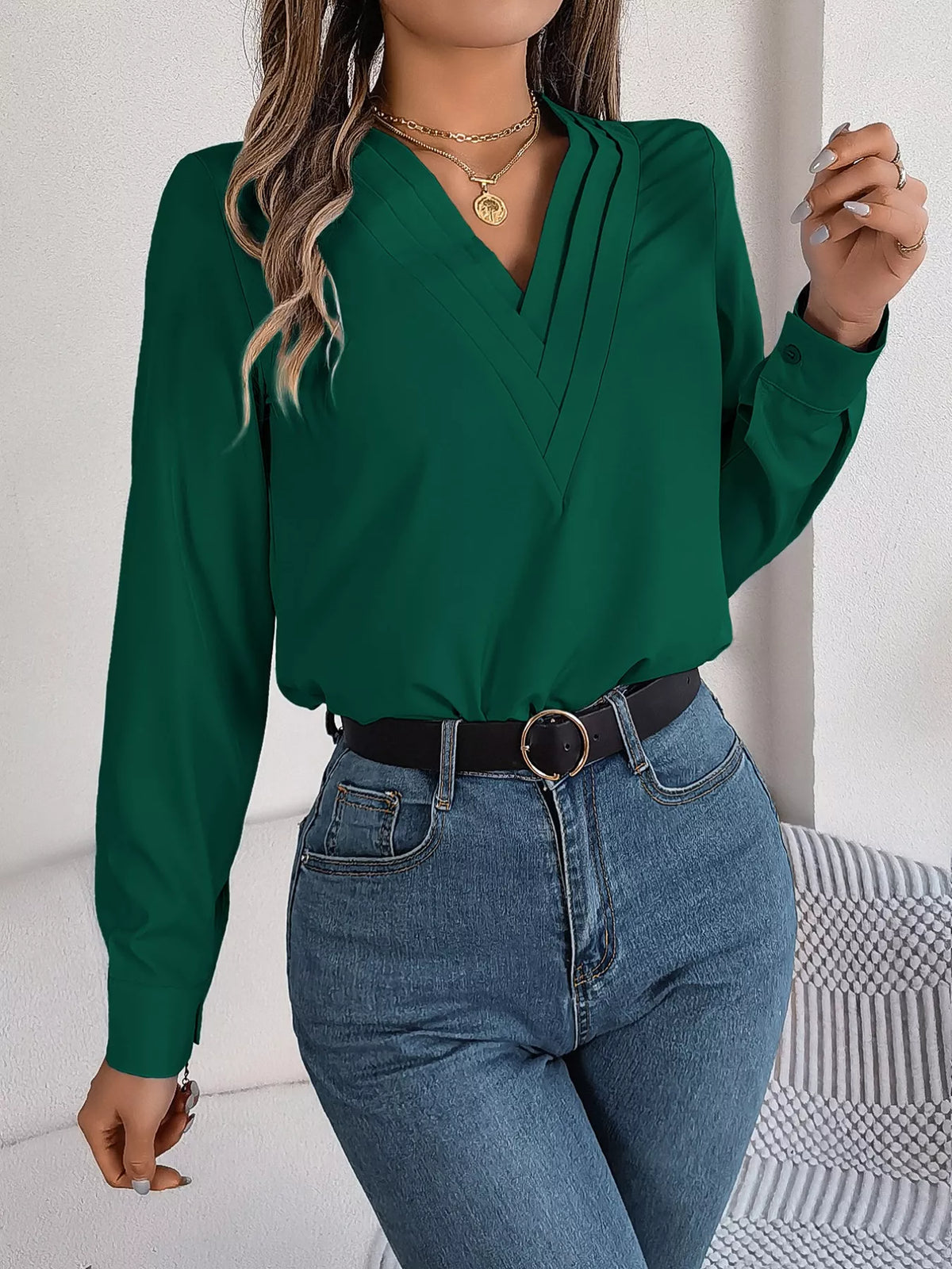 Layered V-Neck Long Sleeve Blouse - Dark Green - View 22