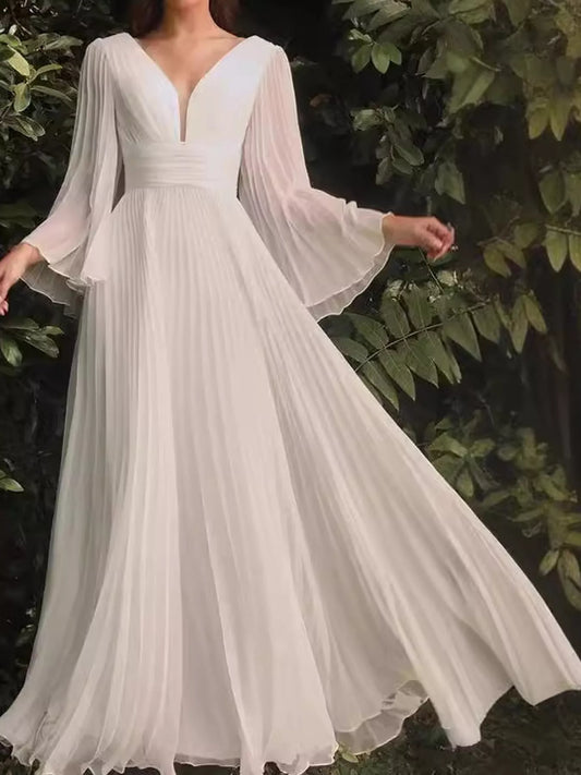 V-Neck Pleated Maxi Dress - White - View 1