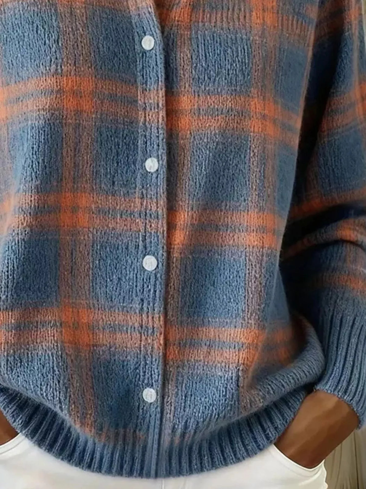 Full Size Plaid Button-Down Knit Cardigan Plus Size - Blue - View 3