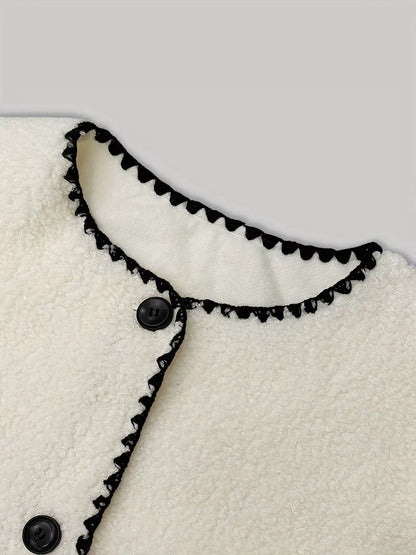 Faux Shearling Contrast Trim Button-Down Outerwear - White - View 7