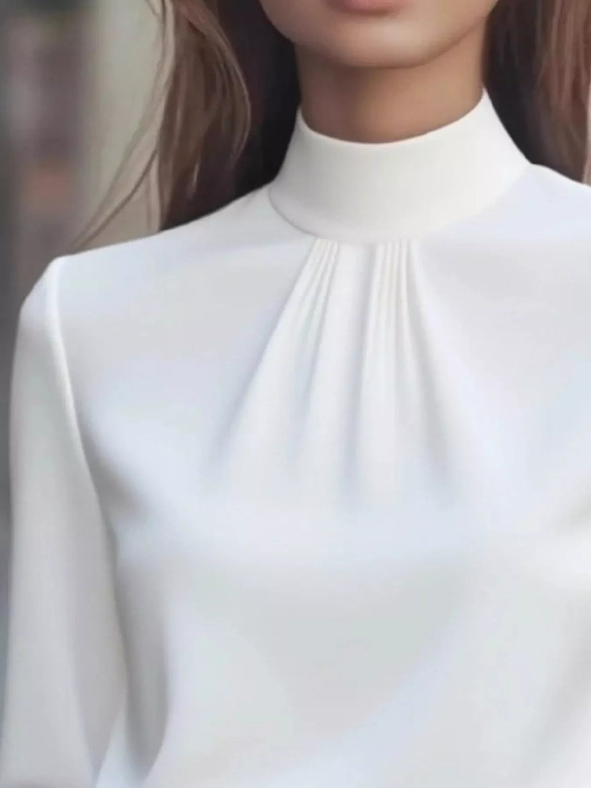 Mock Neck Long Sleeve Blouse with Pleated Detail - White - View 11