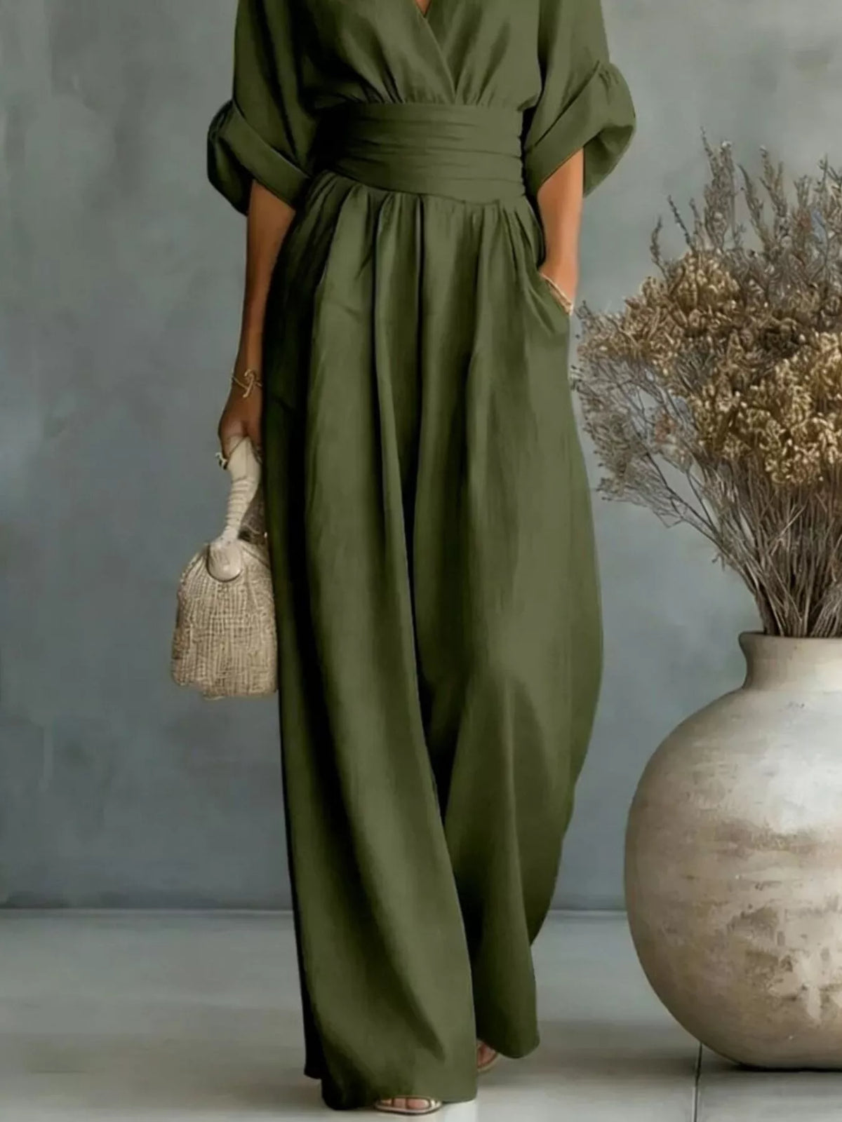 Full Size Half Sleeve Wide-Leg Jumpsuit Plus Size - Dark Green - View 3