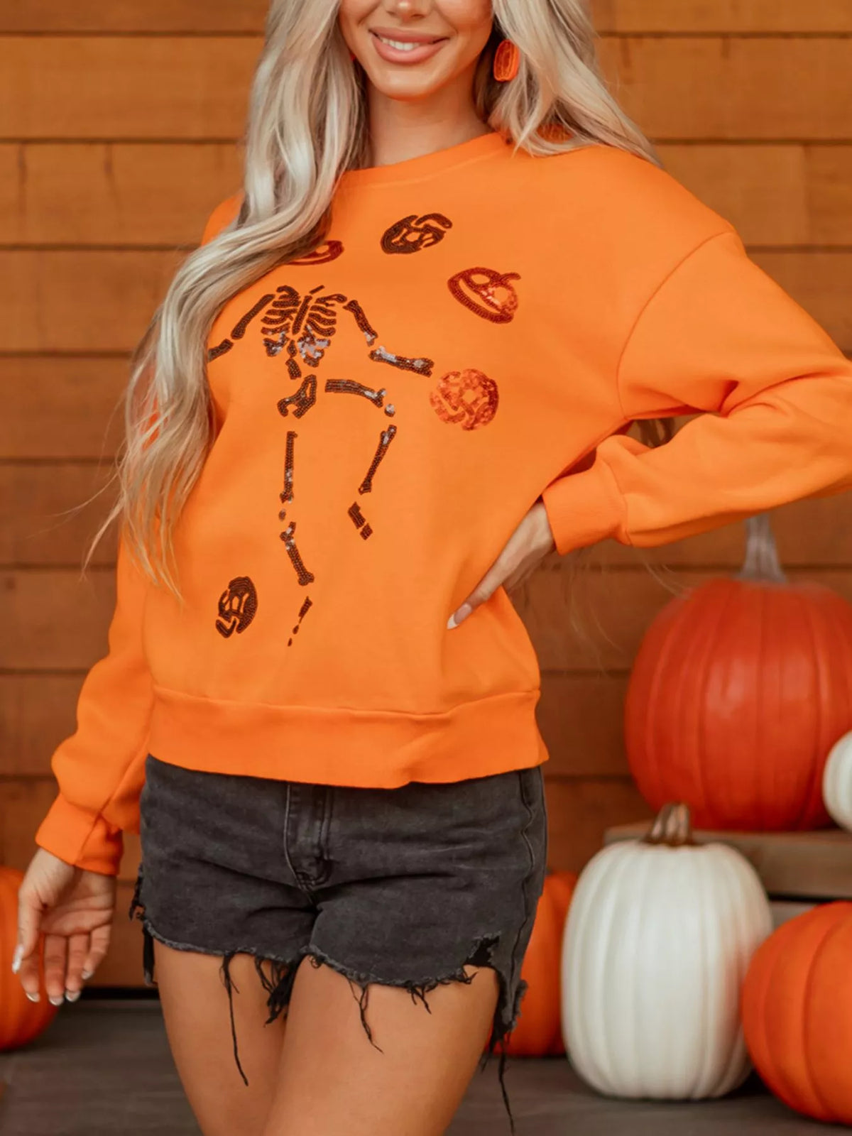 Dancing Critters Sequin Halloween Crewneck Sweatshirt - Orange - View 3