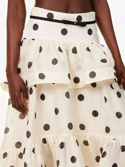 Polka Dot Tiered Ruffle Skirt - Beige - View 4