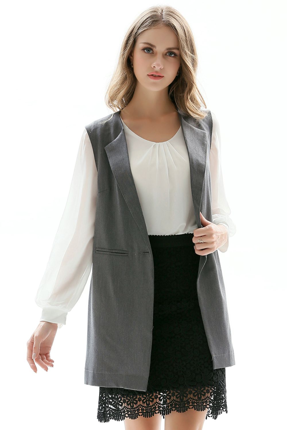 One-Button Sleeveless Longline Blazer - Mid Gray - View 3