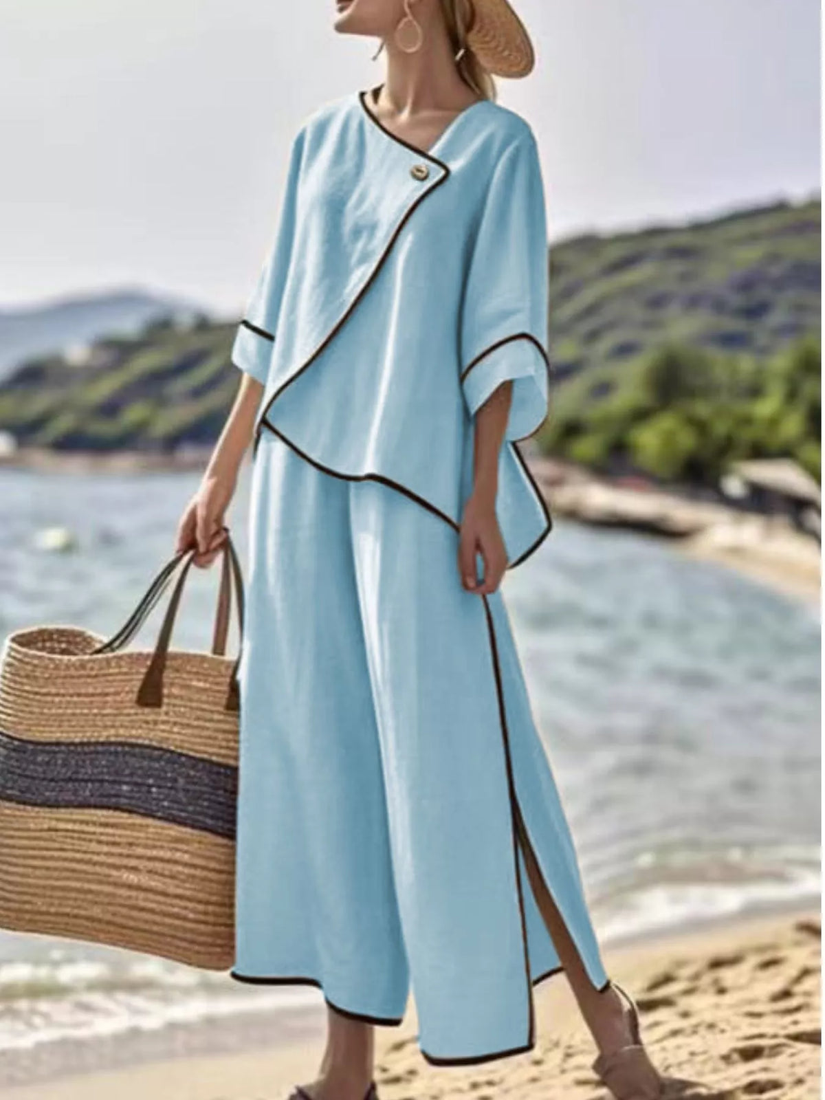 Full Size Contrast Trim Top and Wide Leg Pants Set Plus Size - Blue - View 1