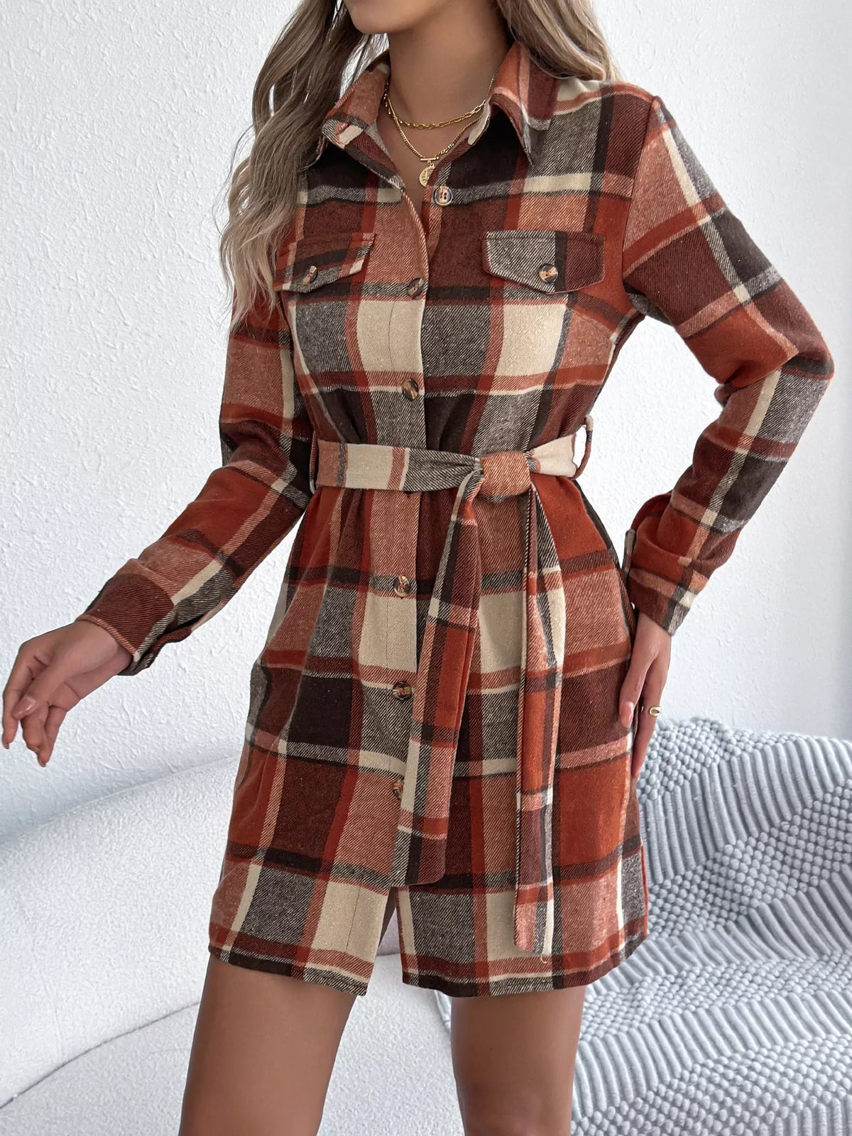Plaid Button Front Tie Waist Shirt Dress - Orange - View 16
