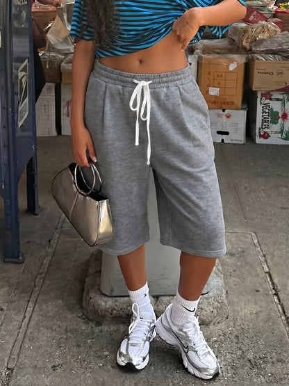 High-Waisted Drawstring Casual Shorts - Gray - View 2