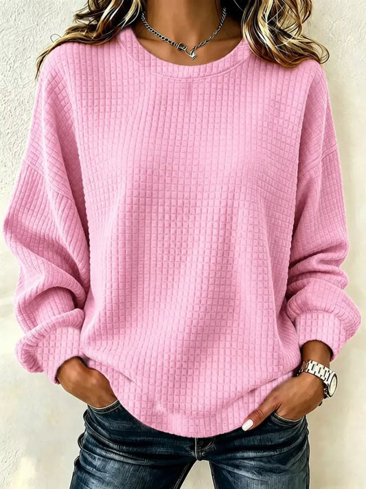 Full Size Waffle Knit Long Sleeve Crew Neck Sweatshirt Plus Size - Pink - View 1