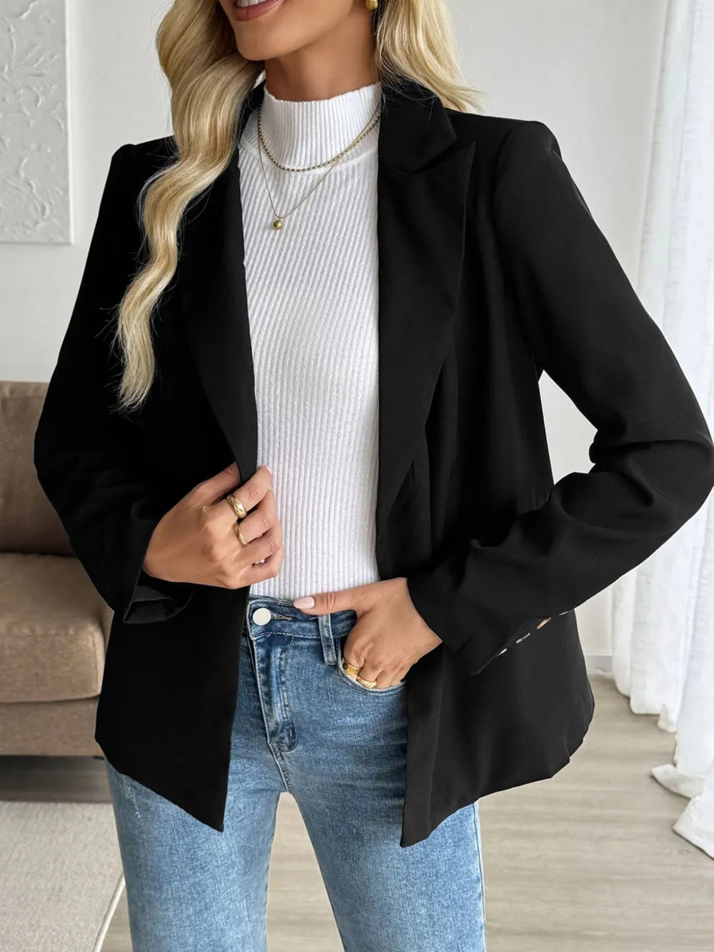 Perfee Lapel Collar Long Sleeve Blazer - Black - View 3
