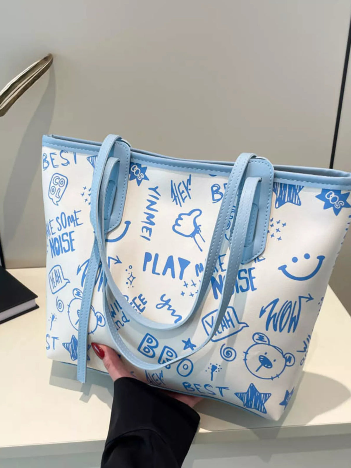 Graffiti Print Casual Tote Bag - Blue - View 14