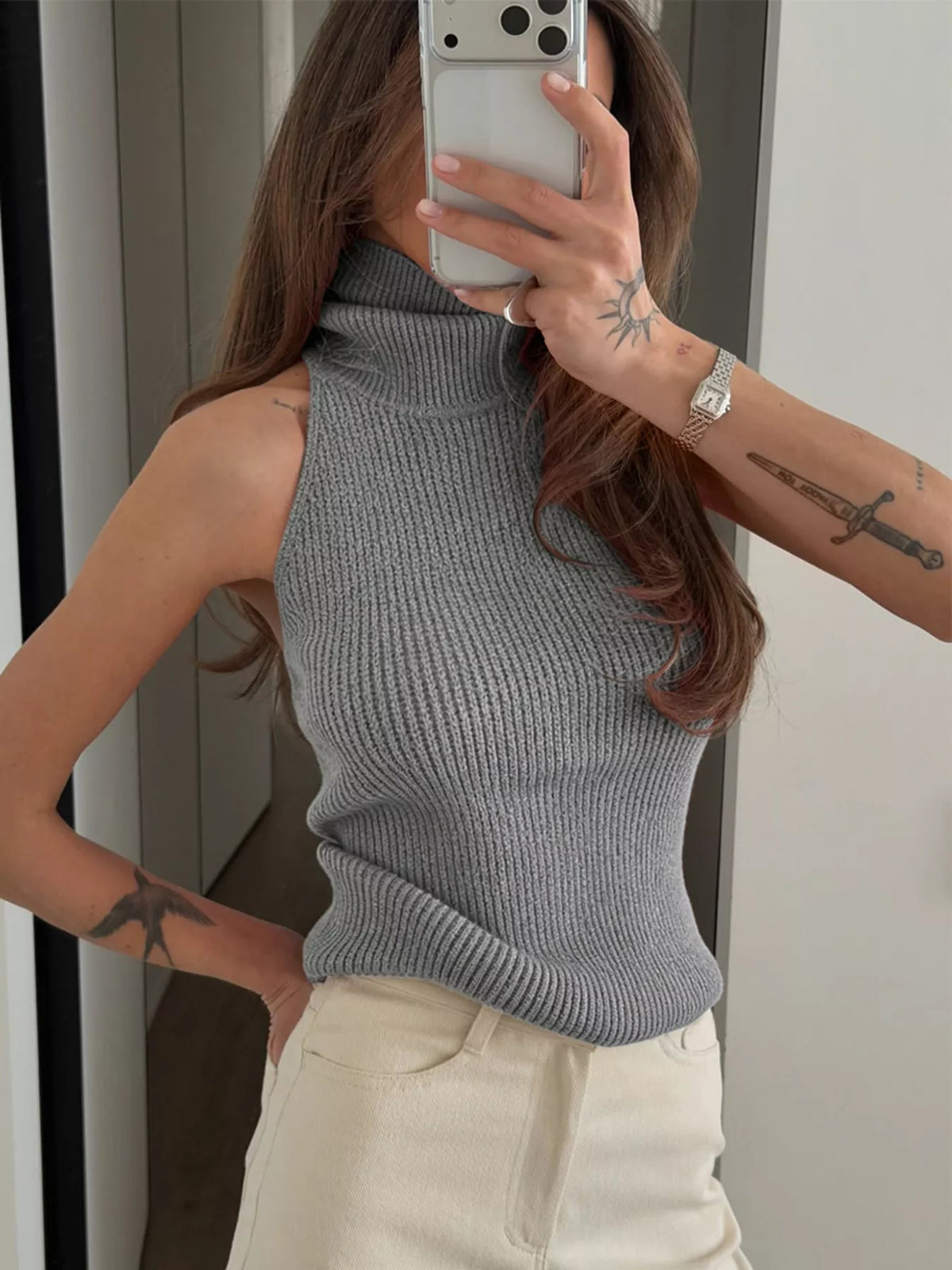 Halter Neck Sweater Tank - Coffee Brown - View 4