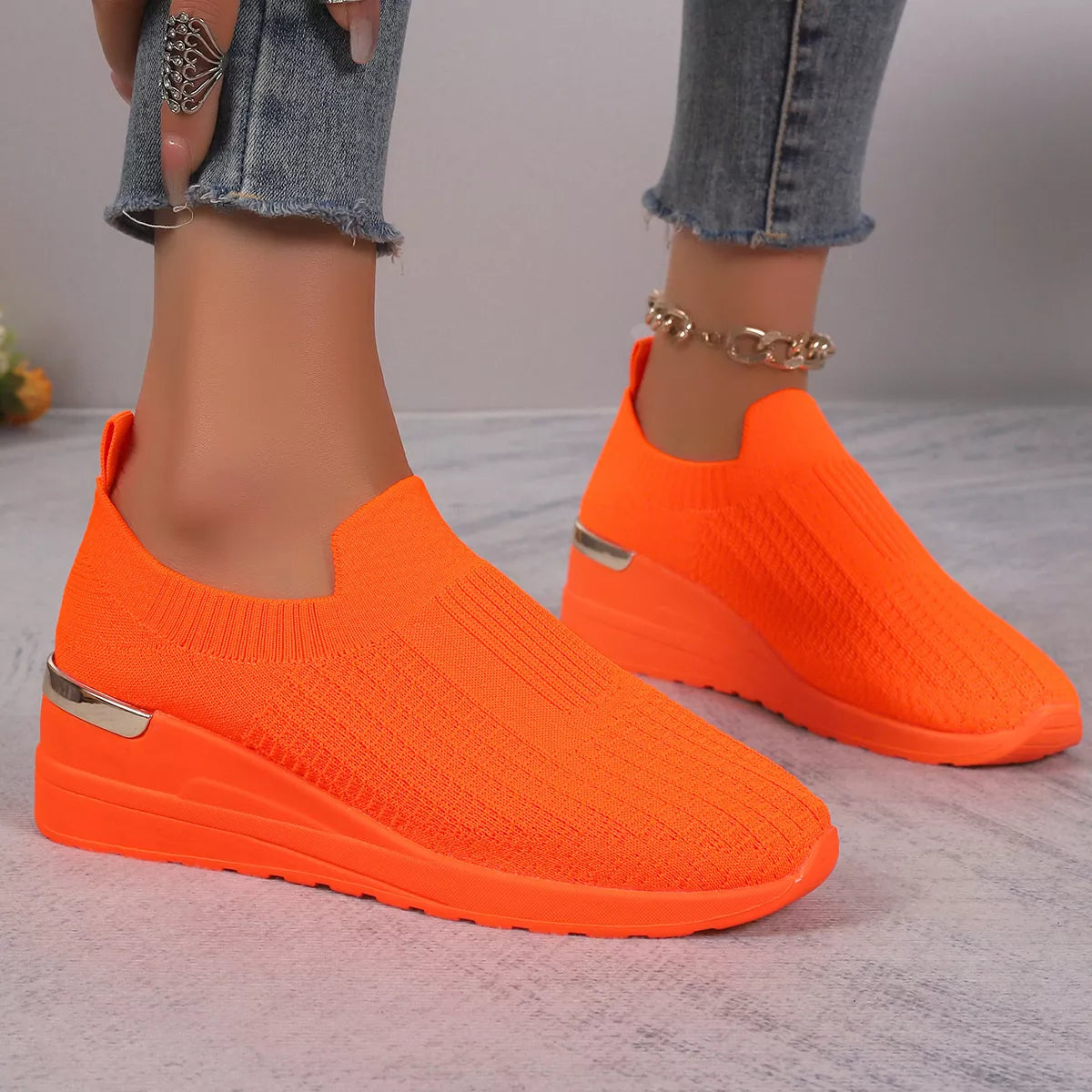 Mesh Round Toe Wedge Athletic Sneakers - Orange - View 7