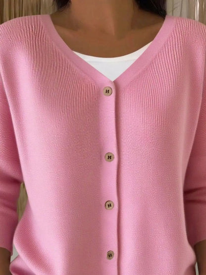 V-Neck Button-Down Ribbed Knit Cardigan - Pink - View 2
