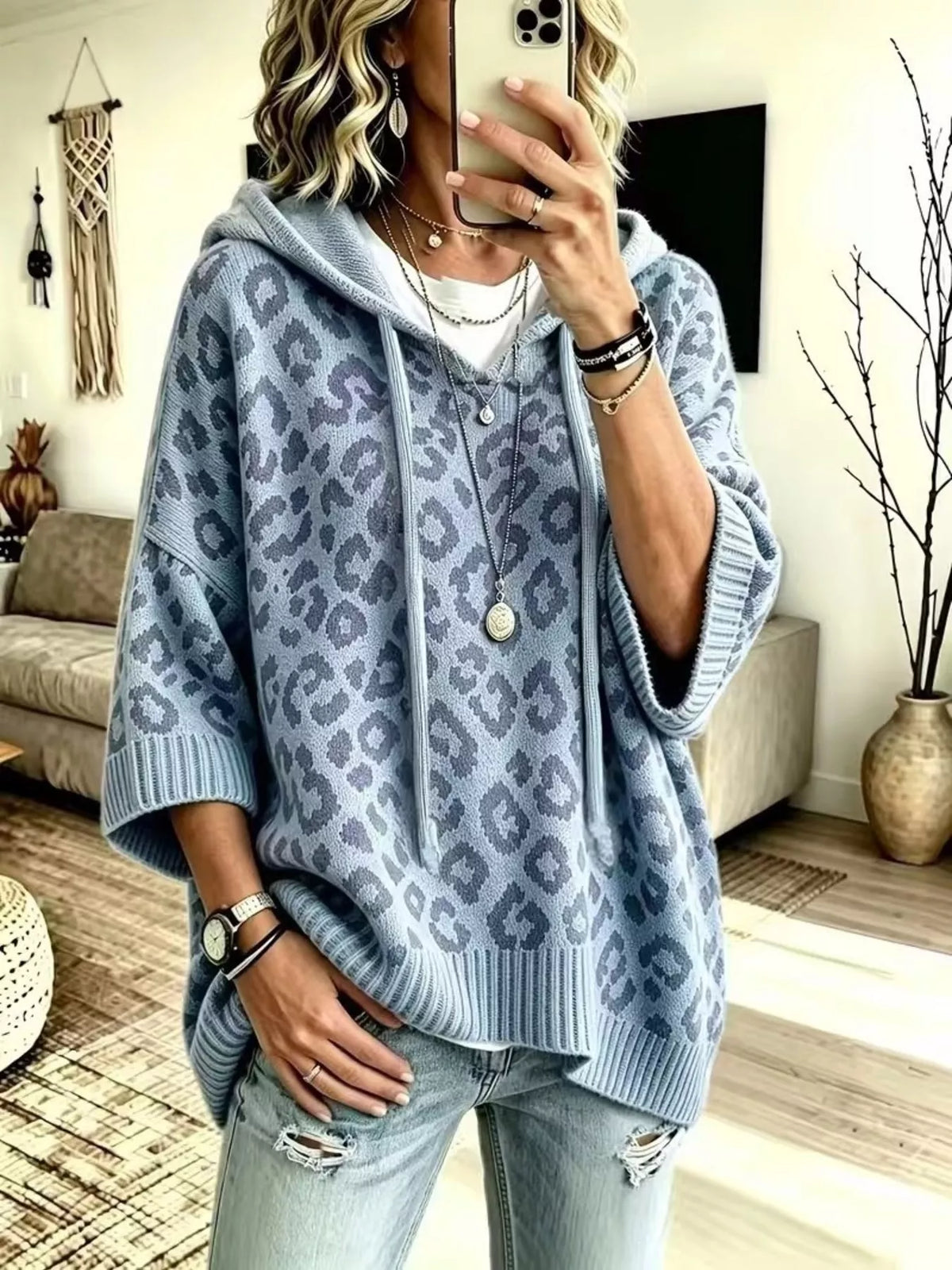 Drawstring Leopard Hooded Sweater - Dusty Blue - View 9