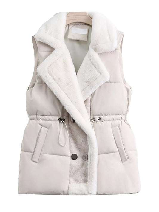 Faux Fur Trimmed Vest Coat with Drawstring Waist - Off-White - View 1