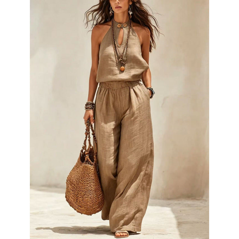 Style Solid Color Sleeveless Halter Neck Wide Leg Jumpsuit for Women