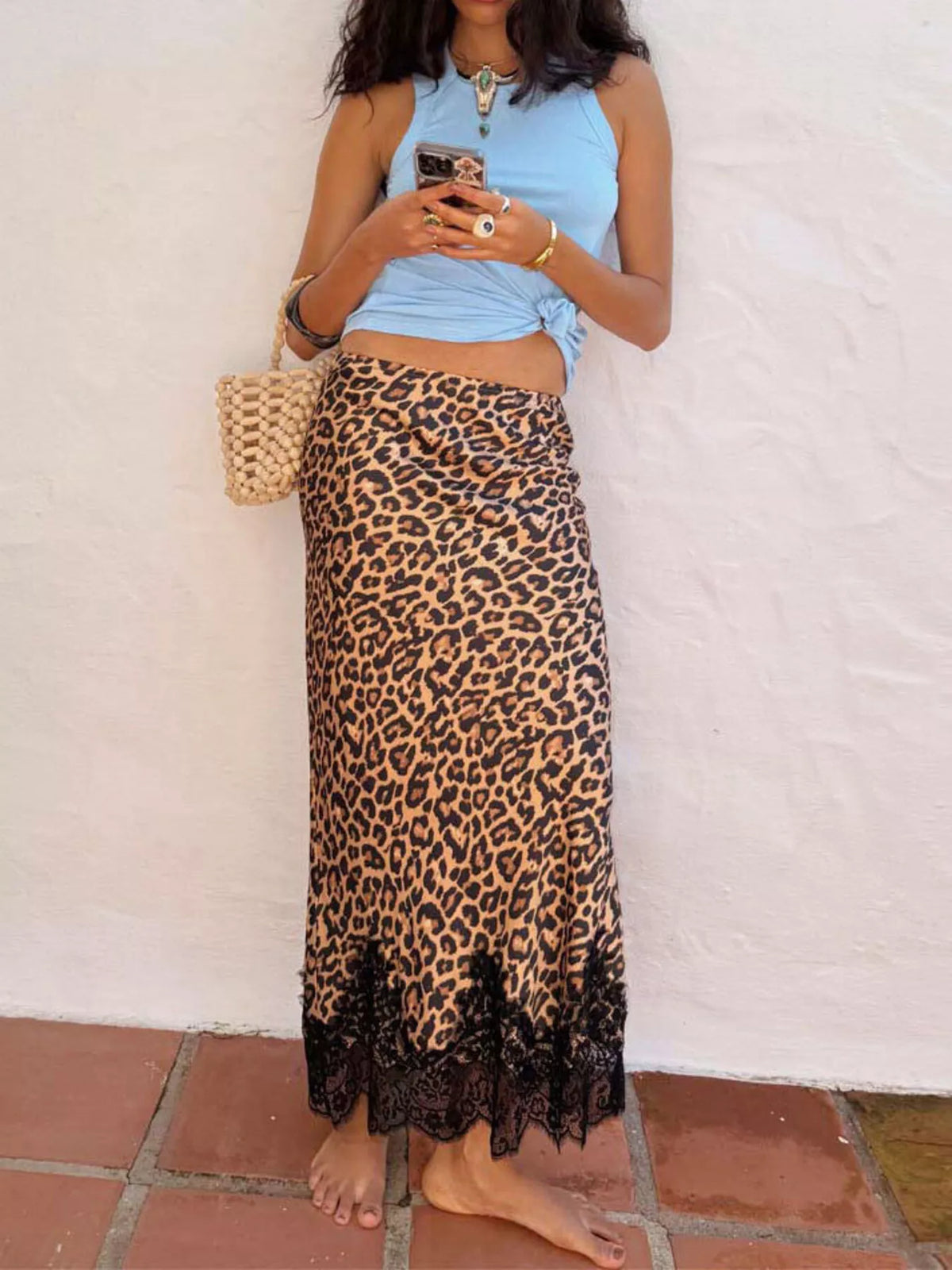 Lace Trim Leopard Maxi Skirt - Leopard - View 1