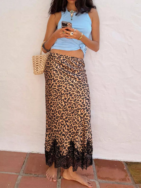 Lace Trim Leopard Maxi Skirt - Leopard - View 1