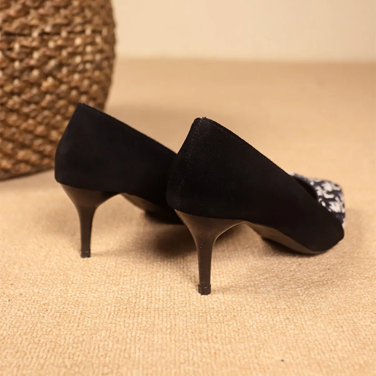Point Toe Suede Pumps - Black And White - View 9
