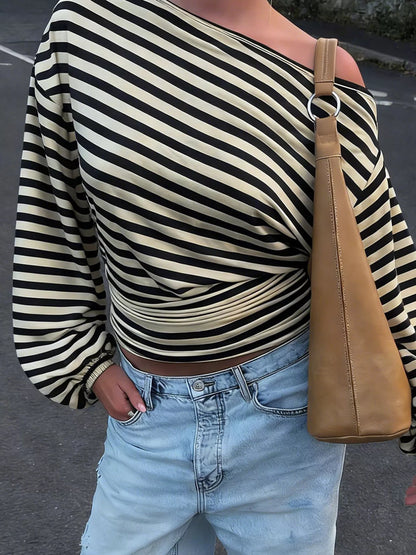 One Shoulder Striped Long Sleeve Slim-Fit T-Shirt - Black Apricot Color - View 2