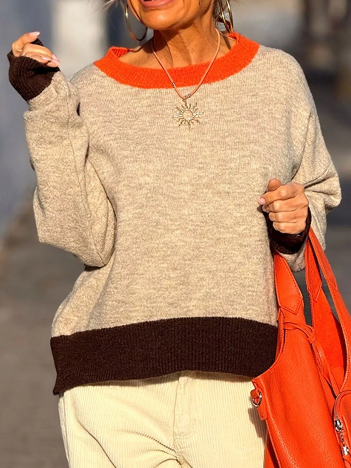 Contrast Trim Crew Neck Sweater - Orange - View 2