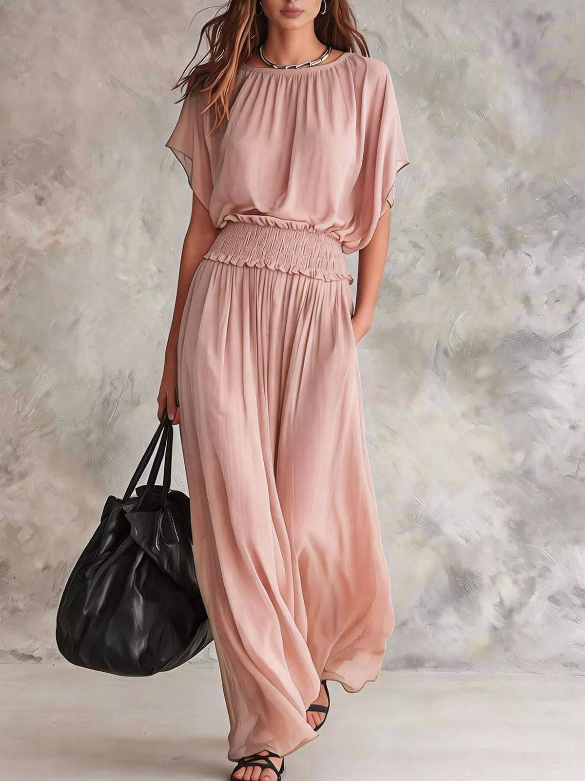 Chiffon Maxi Dress with Smocked Waist - Dusty Pink - View 1