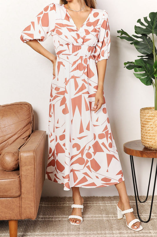 Printed Surplice Balloon Sleeve Dress - product photo 1
