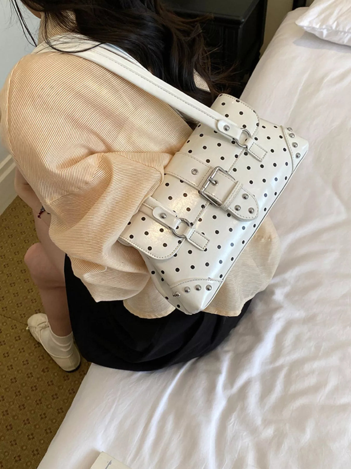 Polka Dot Studded Shoulder Bag - White - View 3