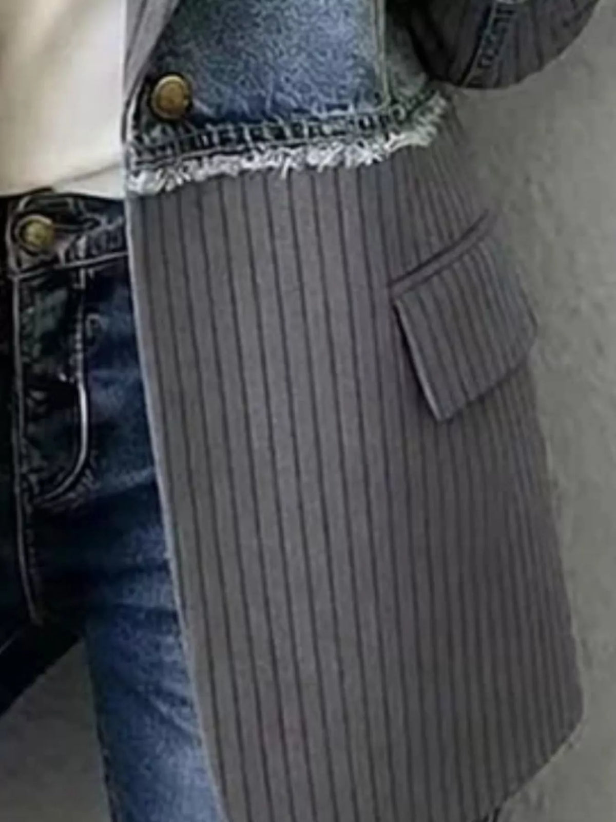 Full Size Patchwork Denim Ribbed Blazer Plus Size - Dark Gray - View 2