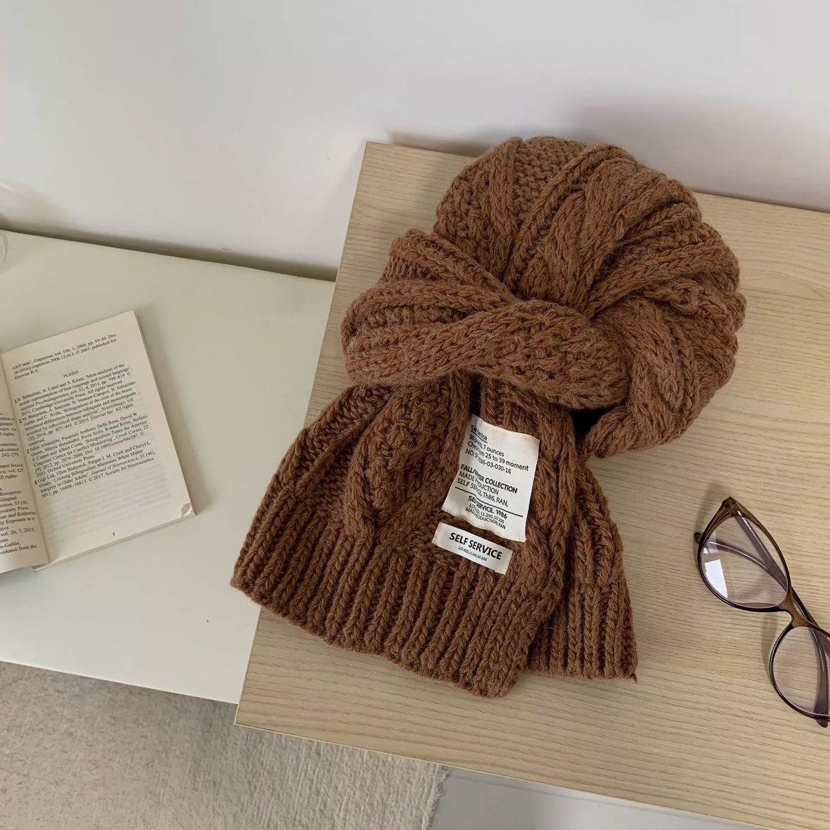 Chunky Cable Knit Scarf - Brown - View 1