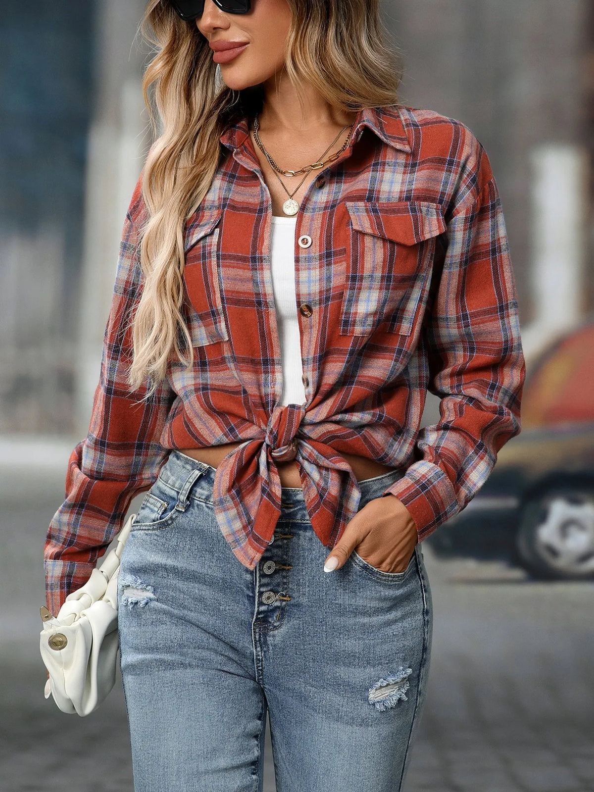 Plaid Button-Down Oversized Shirt - Caramel Color - View 7