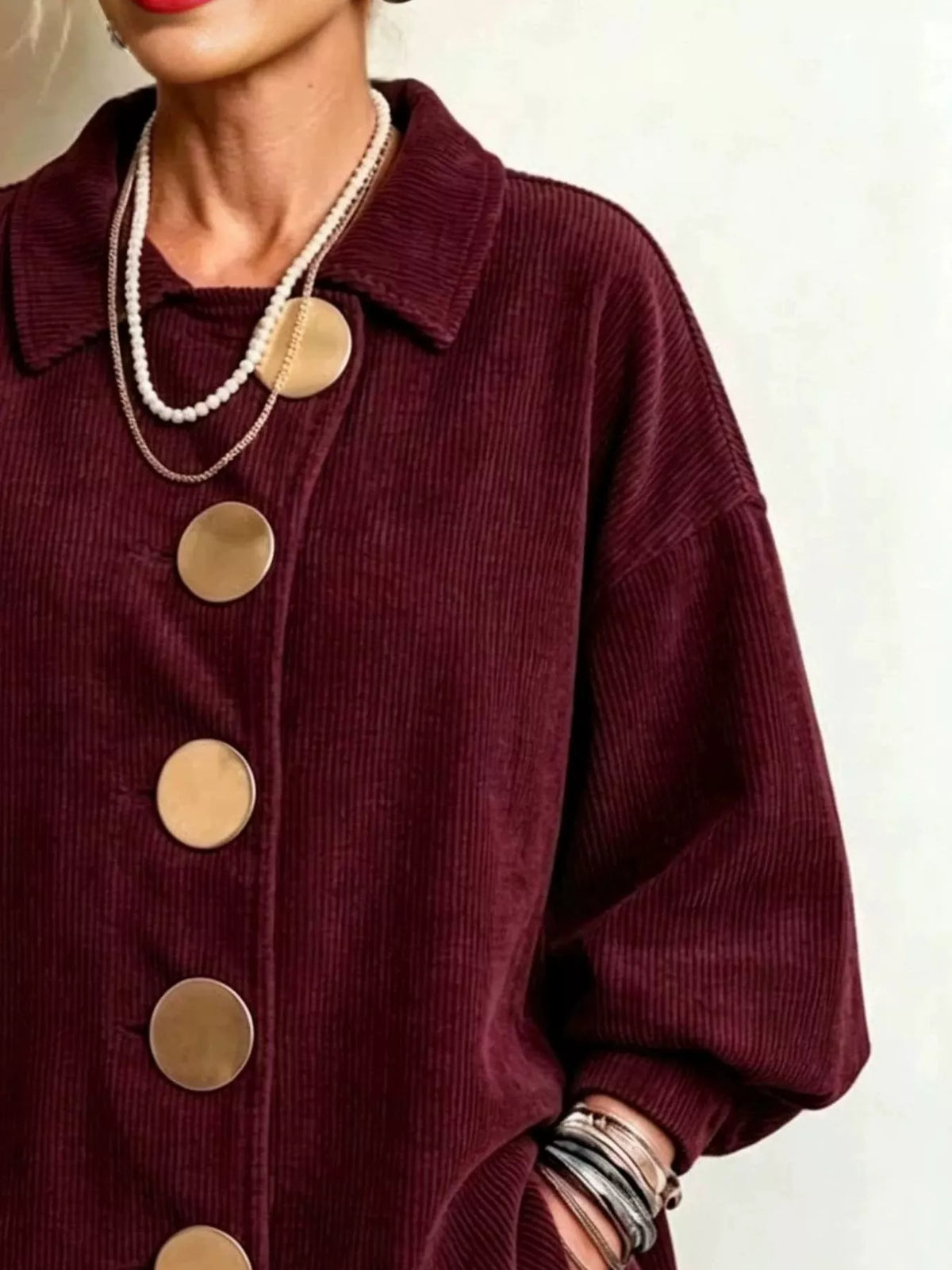 Full Size Corduroy Button-Down Jacket Plus Size - Burgundy - View 8