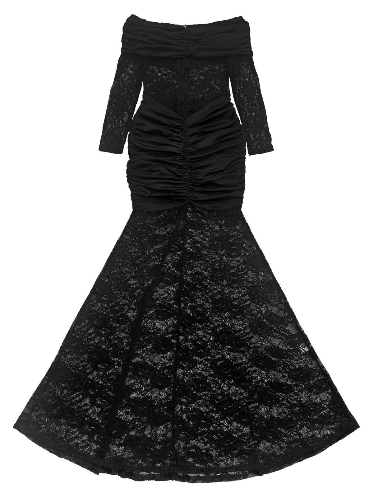 Off-Shoulder Ruched Lace Mermaid Maxi Dress - Black - View 6
