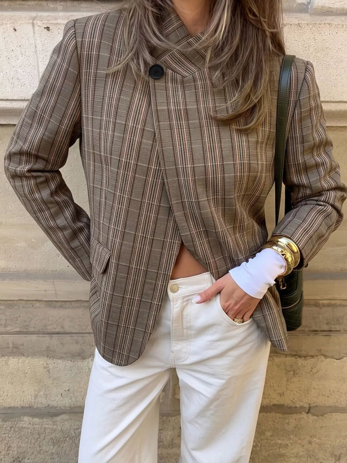 Plaid Single-Button Blazer - Mocha - View 4