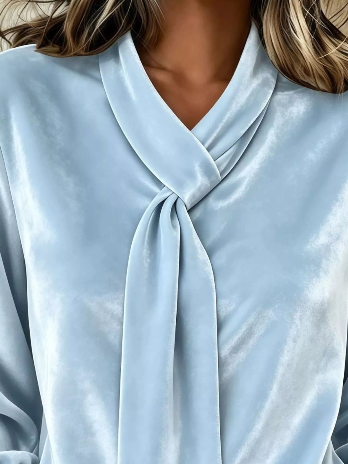 Full Size Velvet Tie-Neck Long Sleeve Blouse Plus Size - Sky Blue - View 2