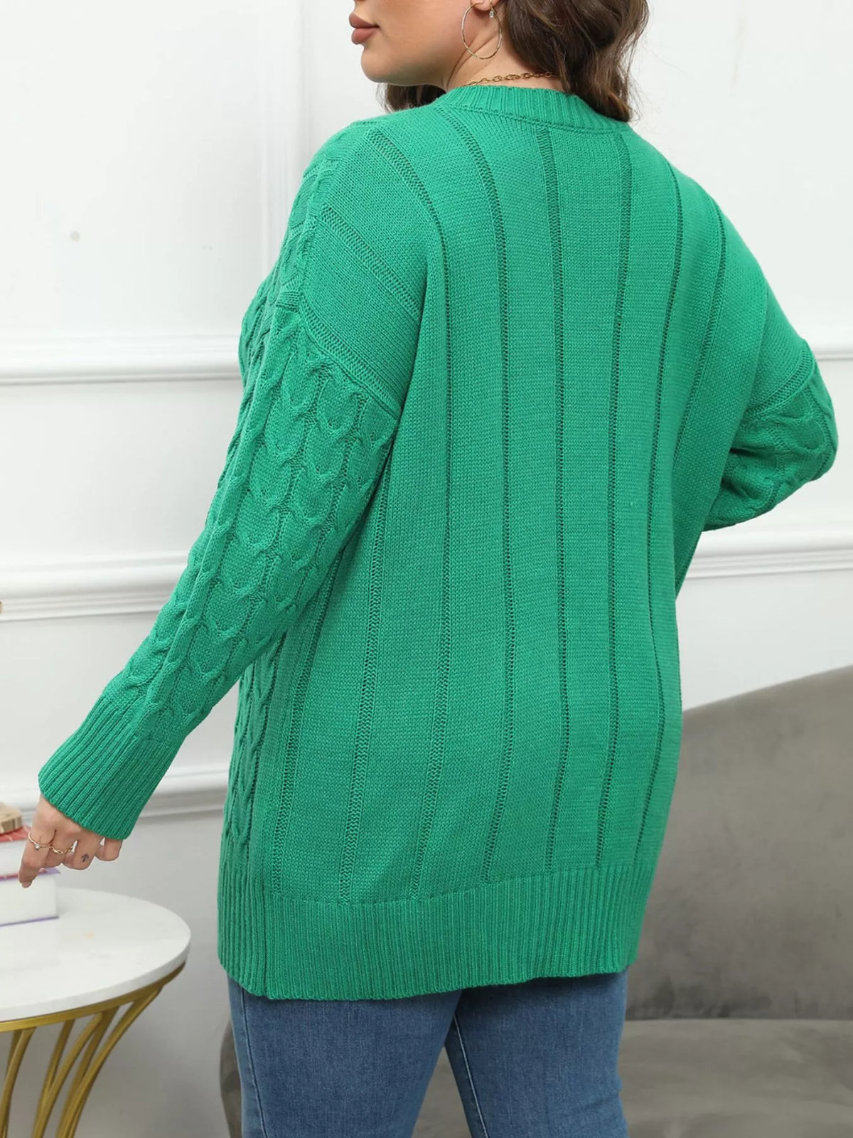 Plus Size Cable Knit Dropped Shoulder Sweater - Green - View 1