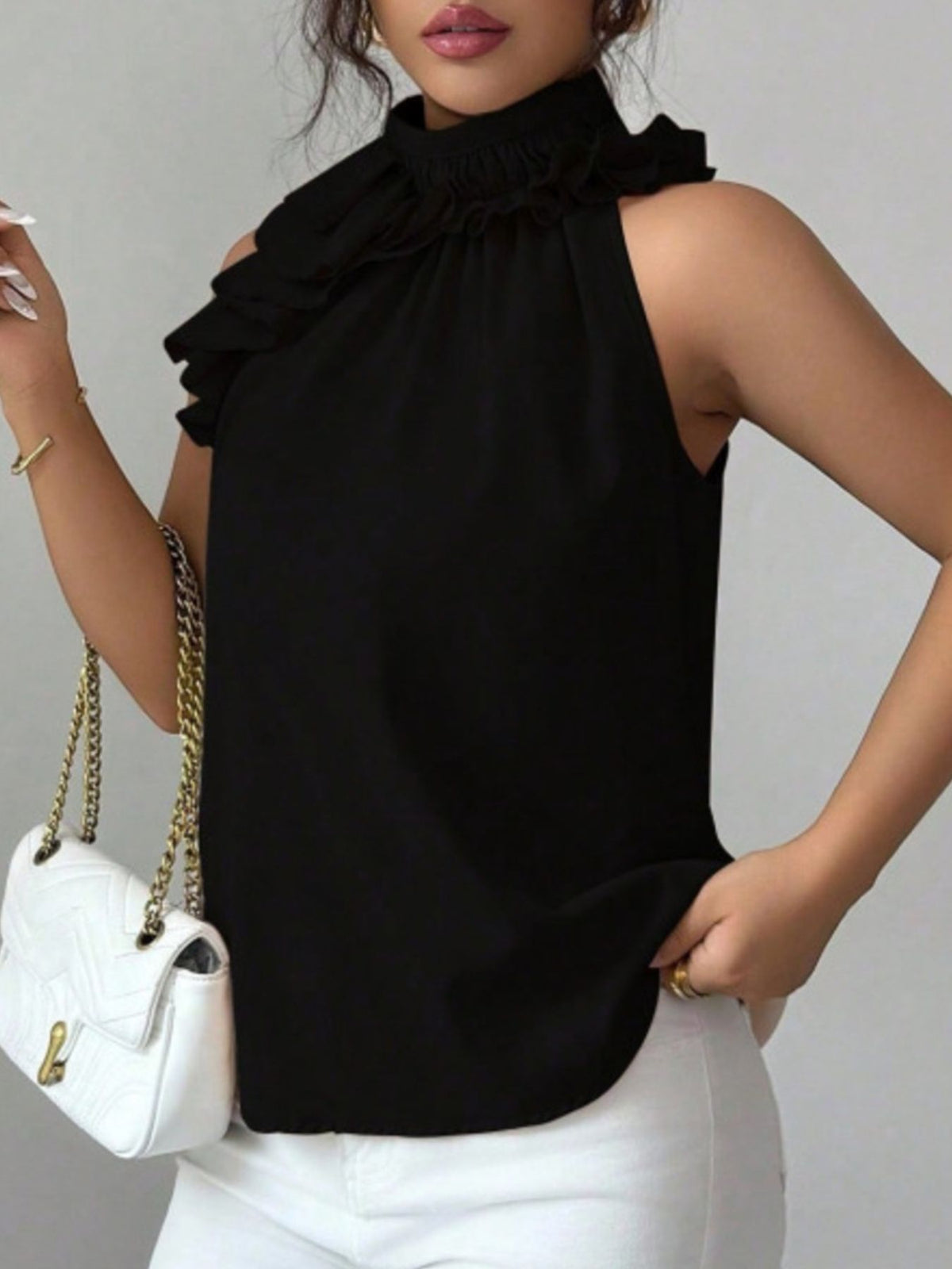 Ruffle High Neck Sleeveless Top - Black - View 21