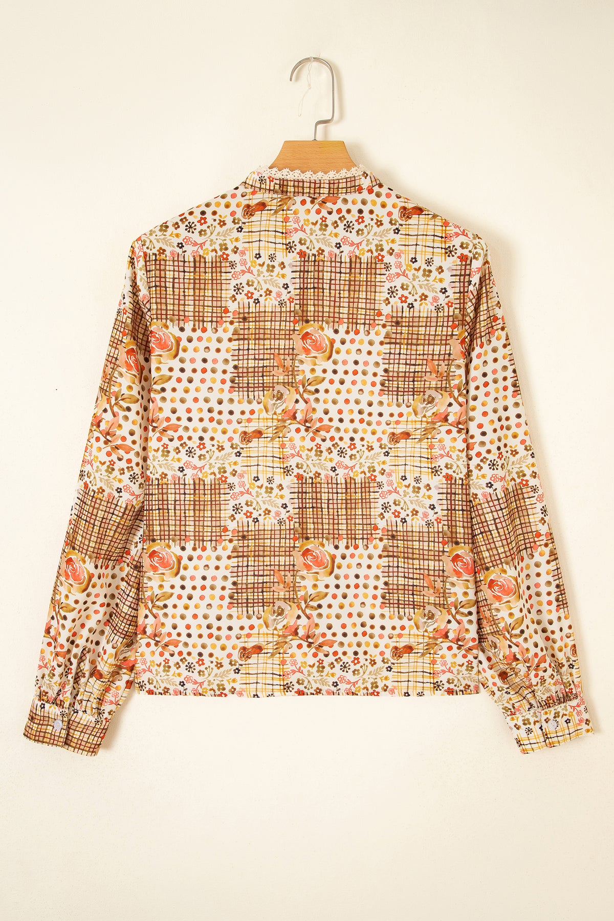 Brown Floral Lace Trim Button Down Long Sleeve Shirt - Brown - 7