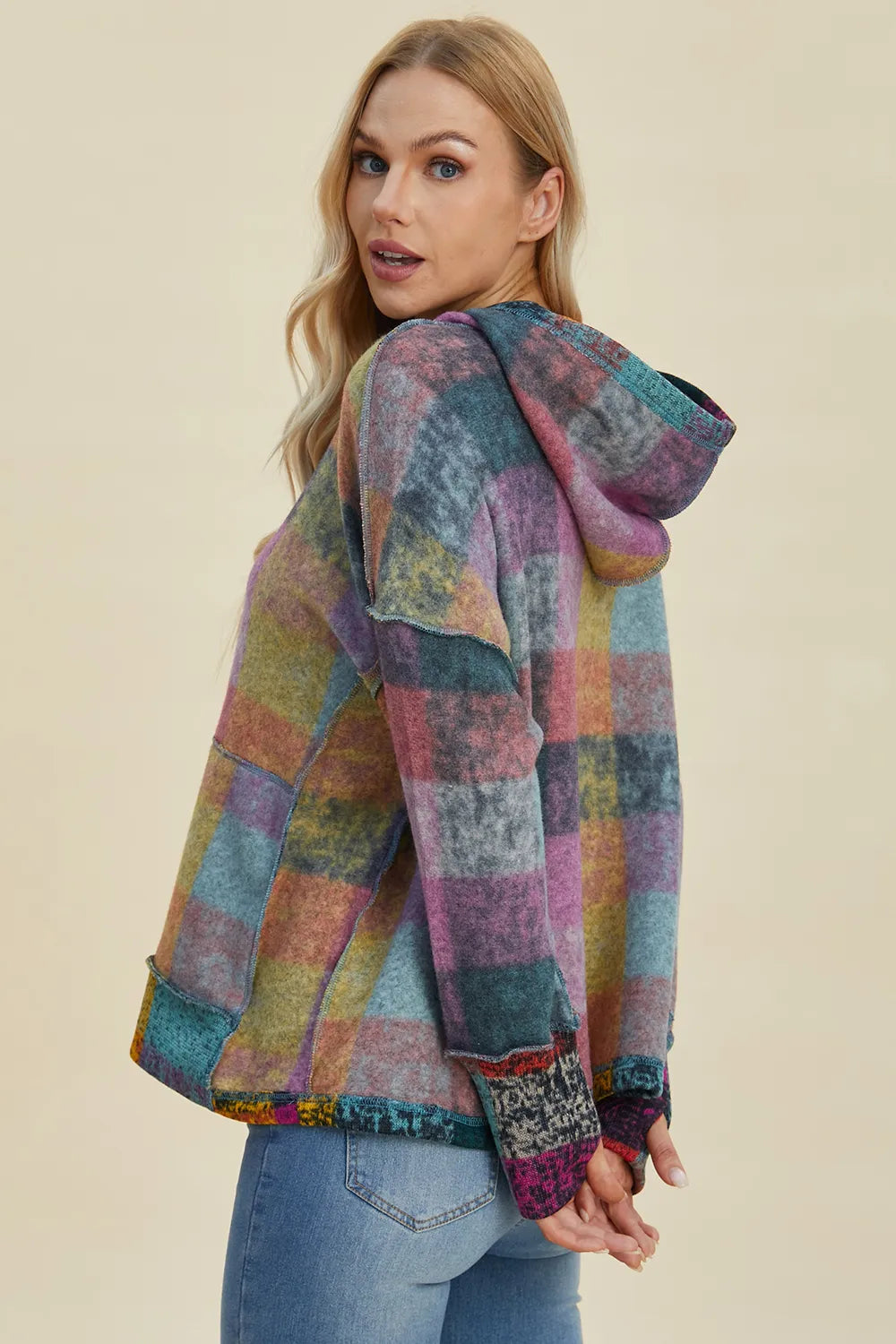 Double Take Full Size Plaid Dropped Shoulder Fleece Hoodie Plus Size - Heliotrope Purple - View 8