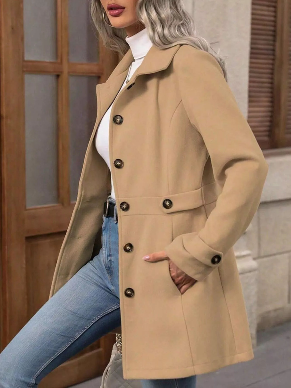 Single-Breasted Long Sleeve Coat - Khaki - View 4