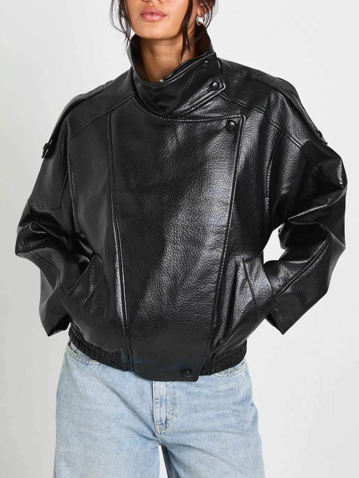 Faux Leather Moto Jacket with Asymmetrical Zip - Black - View 1