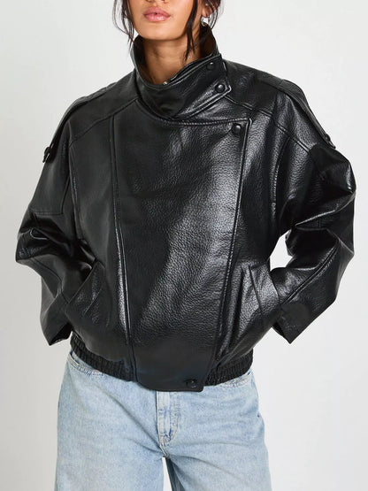 Faux Leather Moto Jacket with Asymmetrical Zip - Black - View 1