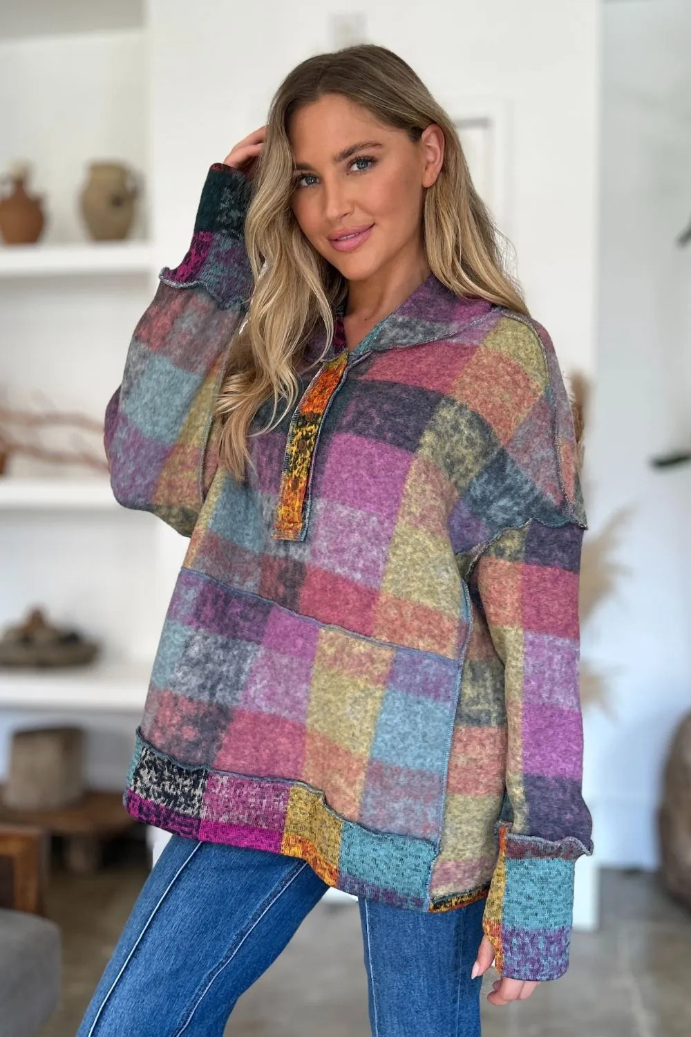 Double Take Full Size Plaid Dropped Shoulder Fleece Hoodie Plus Size - Heliotrope Purple - View 4
