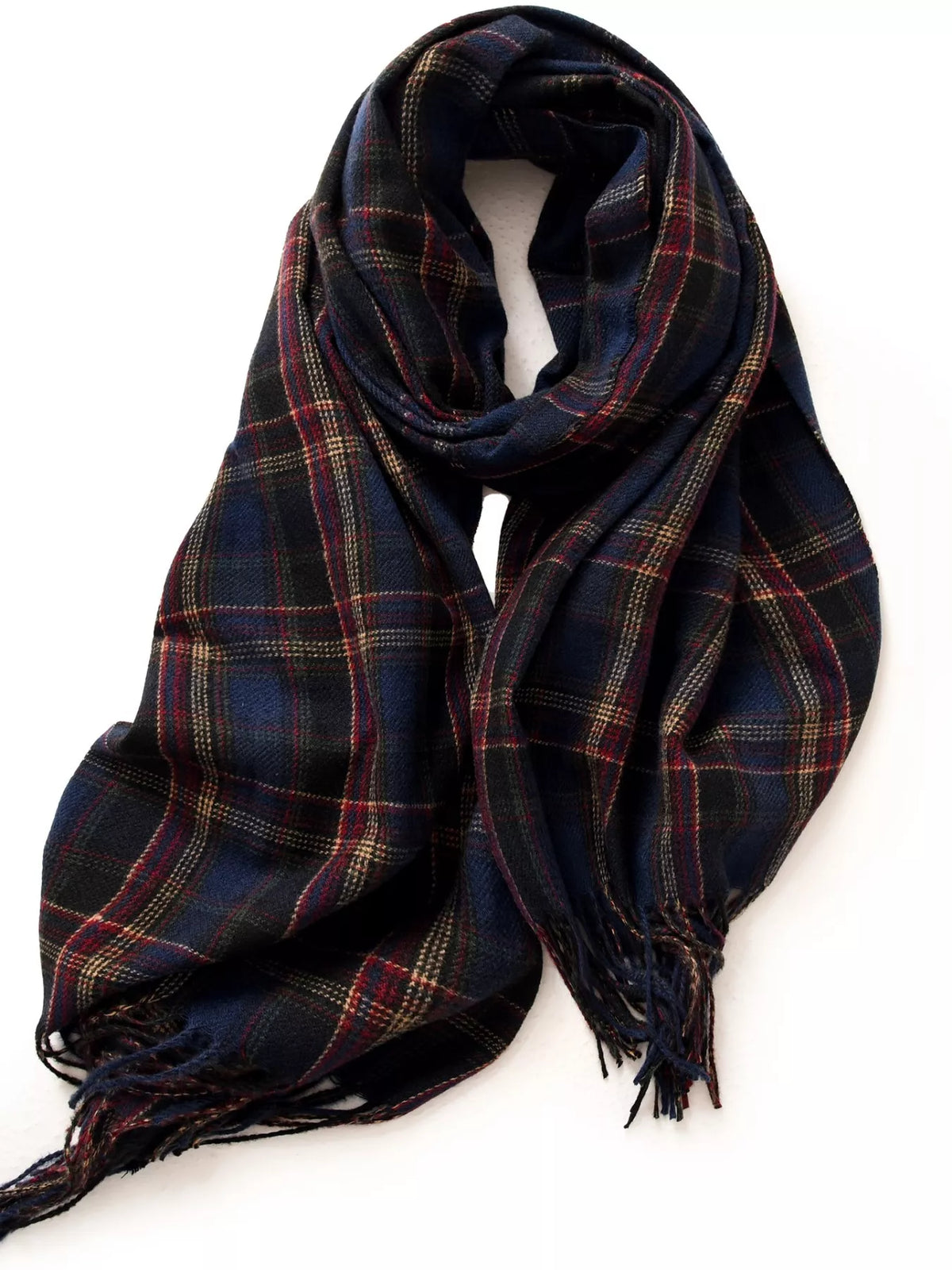 Classic Plaid Fringe Scarf - Navy - View 5