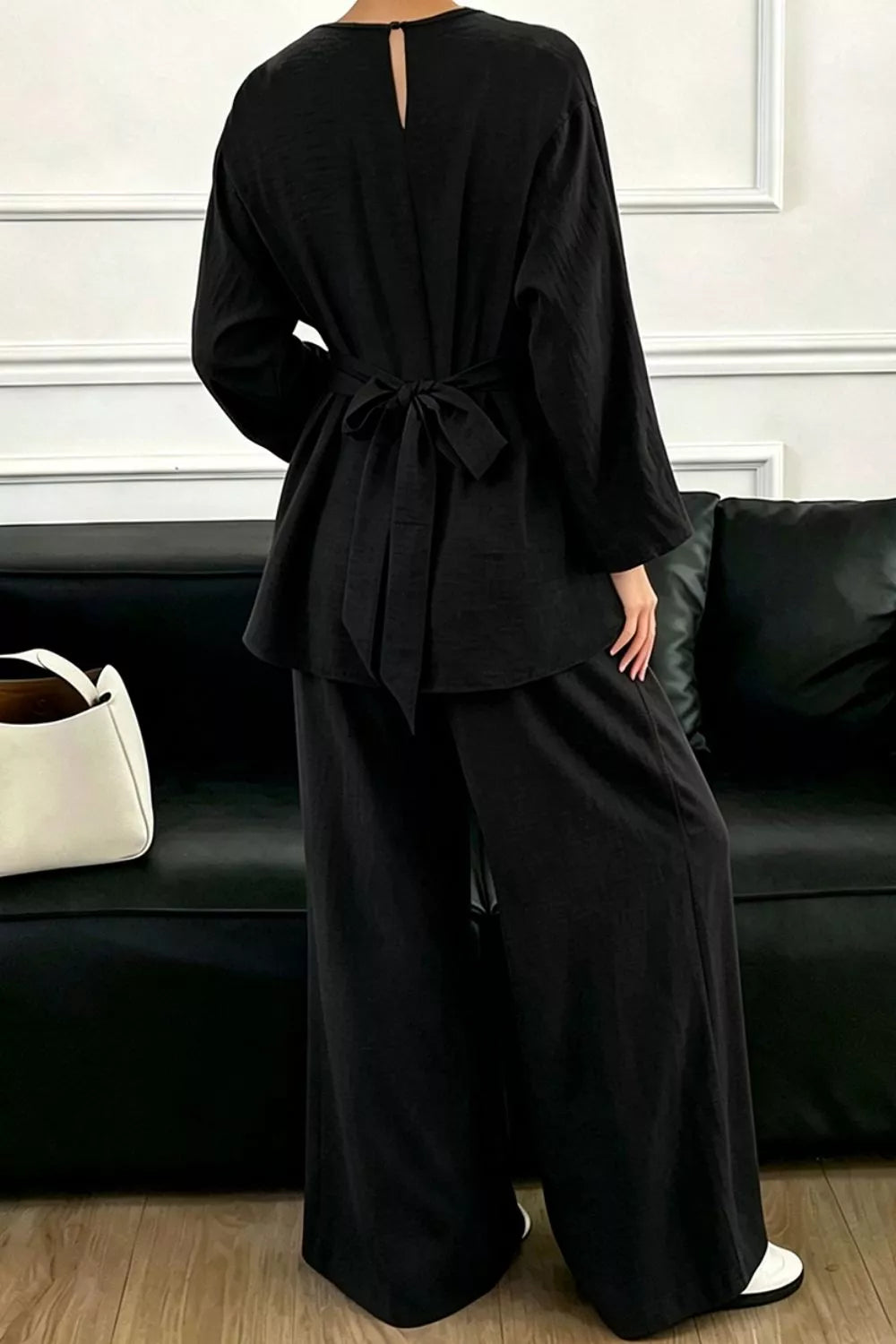 Metal Chain Waist Detail Top and Pants Set - Black - View 2