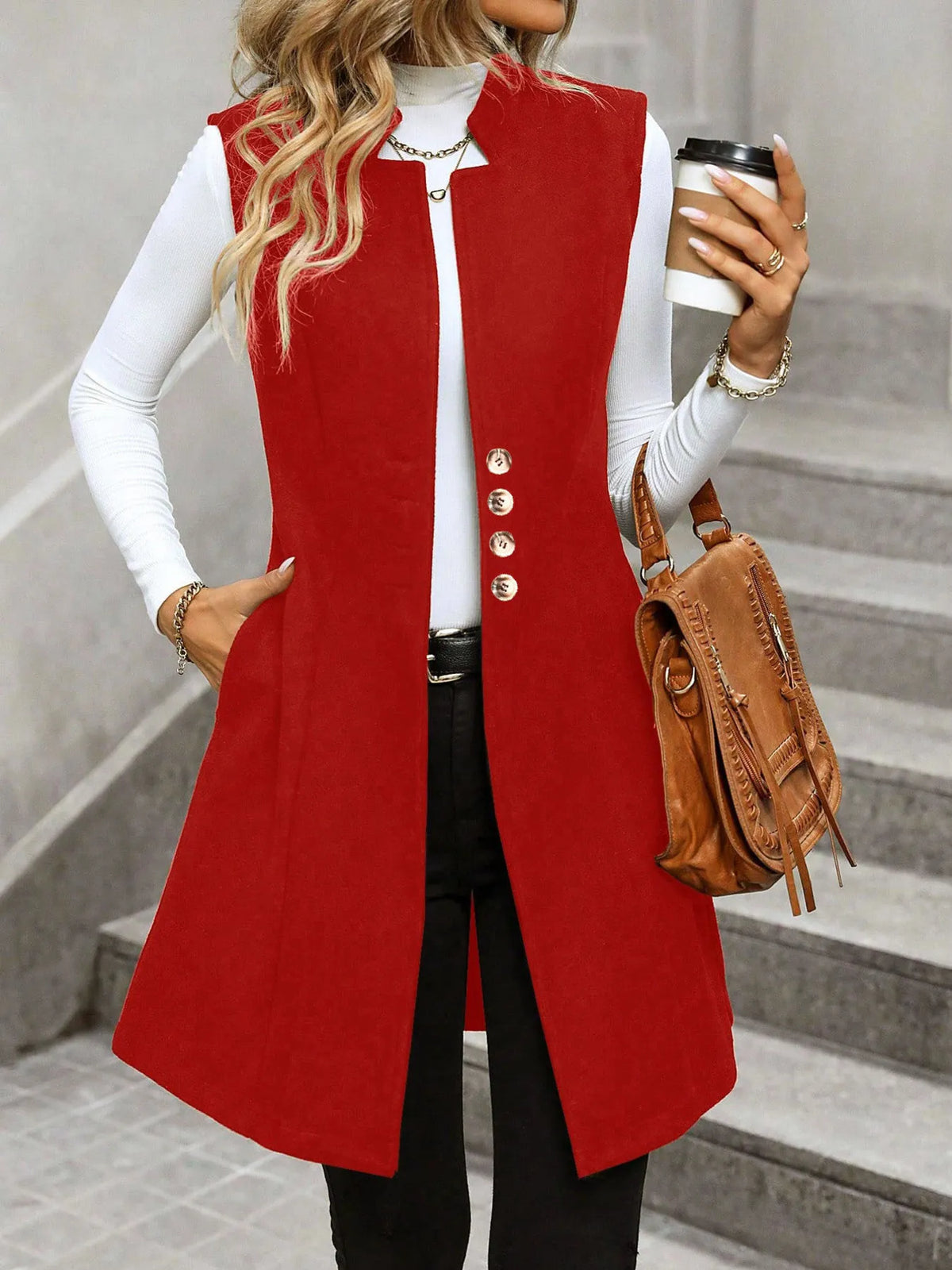 Button Up Longline Vest Coat - Red - View 9