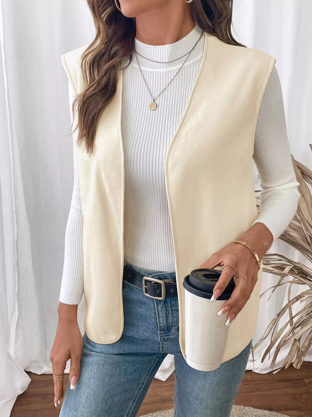 Full Size Open Front Vest Coat Plus Size - Apricot - View 4