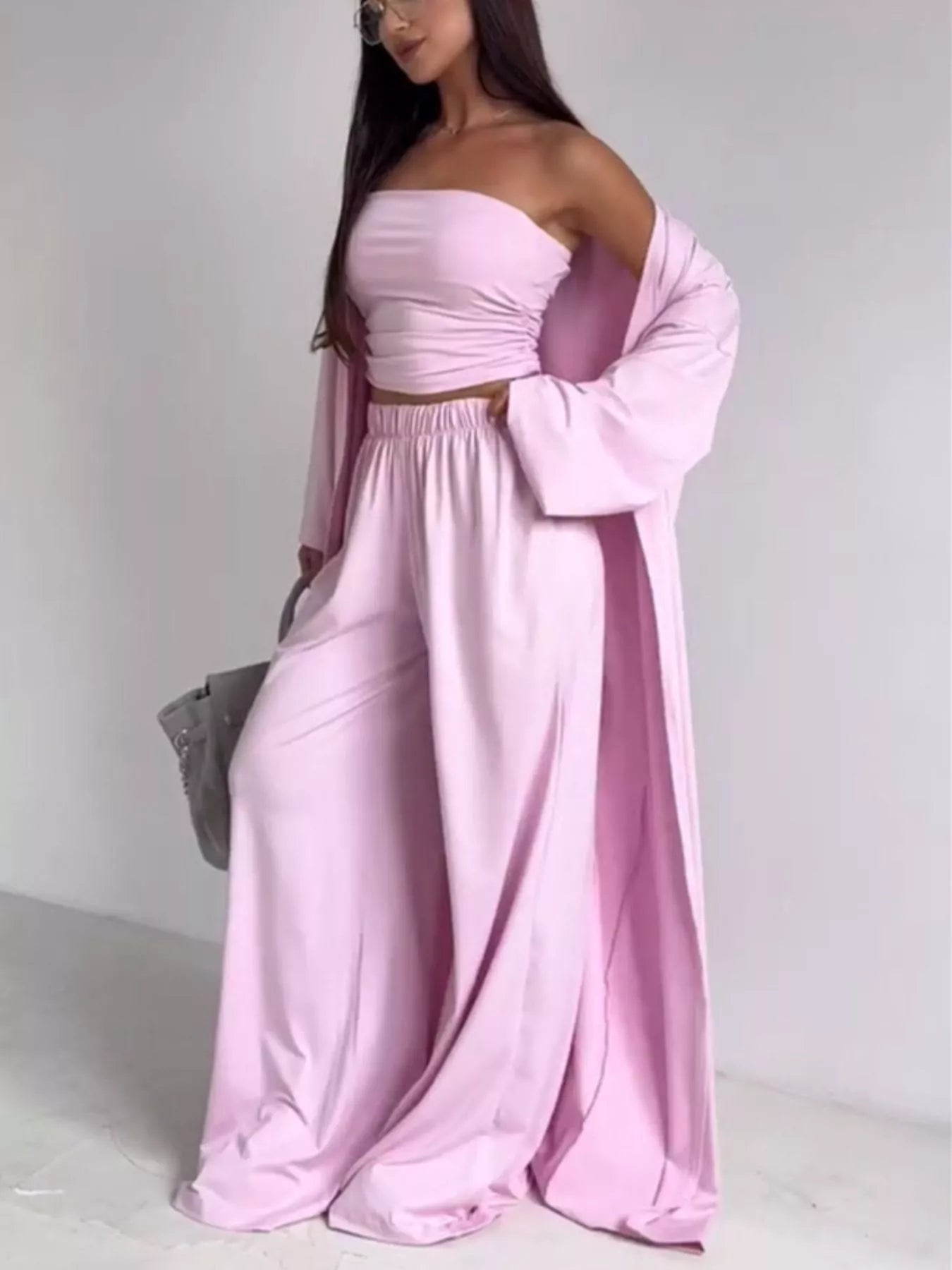 Tube Top & Cardigan & Wide Leg Pants 3-Piece Set - Blush Pink - Styled Front View